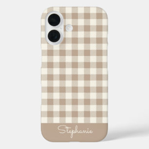 Boho Gingham Patroon Geruit Neutrale Naam iPhone 16 Hoesje