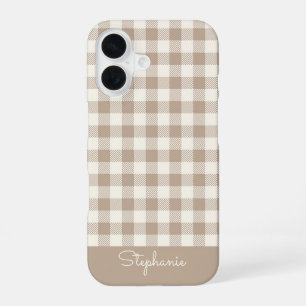 Boho Gingham Patroon Geruit Neutrale Naam iPhone 16 Hoesje