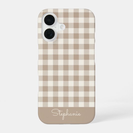 Boho Gingham Patroon Geruit Neutrale Naam iPhone 16 Hoesje (Achterkant)