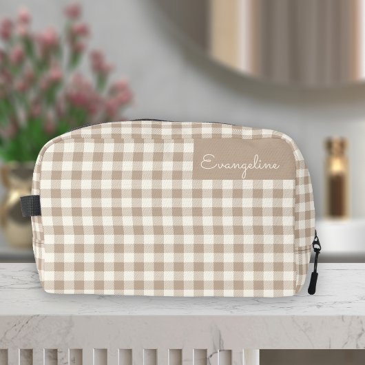 Boho Gingham Patroon Geruit Neutrale Naam Toilettasje