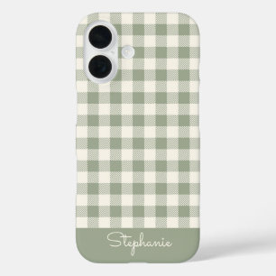 Boho Gingham Patroon Geruit Salie Naam iPhone 16 Hoesje