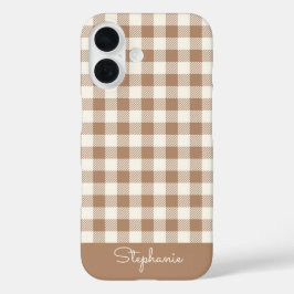 Boho Gingham Pattern Plaid Checkered Brown Name iPhone 16 Hoesje