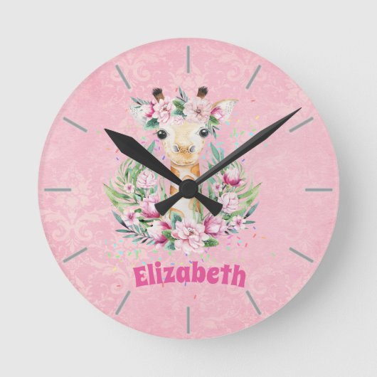 Boho-giraffe bloemen vernoemde meisjes, tiener cad ronde klok (Voorkant)