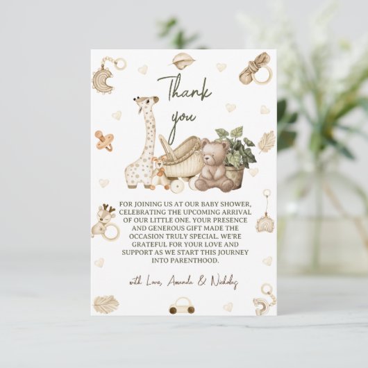 Boho Giraffe & Speelgoed Genderneutraal Baby showe Bedankkaart (Staand voorkant)
