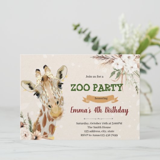 Boho giraffe verjaardagsuitnodiging kaart (Staand voorkant)