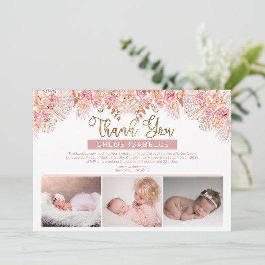 Boho Girl 3 Foto Pampas Grass | Roos Floral Bedankkaart (Staand voorkant)