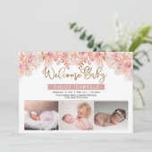 Boho Girl 3 Foto Pampas Grass | Roos Floral Birth Aankondiging (Staand voorkant)