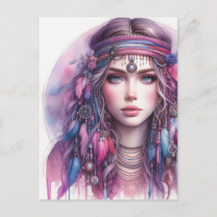 Boho Girl AI Kunst Boheemse Mode Briefkaart
