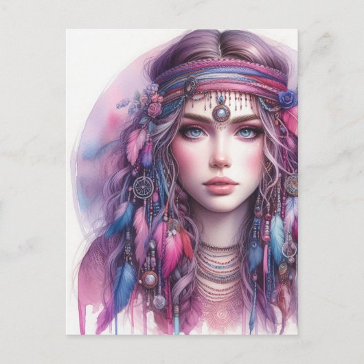 Boho Girl AI Kunst Boheemse Mode Briefkaart (Voorkant)