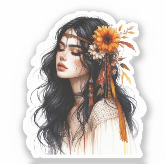 Boho Girl AI Kunst Boheemse Mode Sticker (Voorkant)