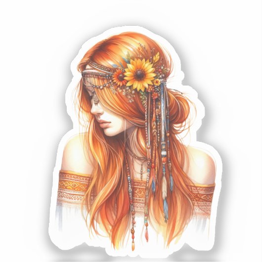 Boho Girl AI Kunst Boheemse Mode Sticker (Voorkant)
