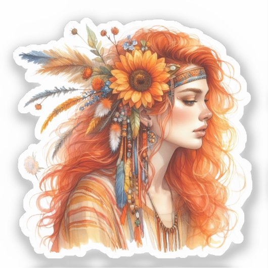 Boho Girl AI Kunst Boheemse Mode Sticker (Voorkant)