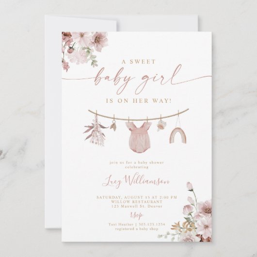 Boho Girl Clothesline Baby shower Invitation Sweet Kaart (Voorkant)