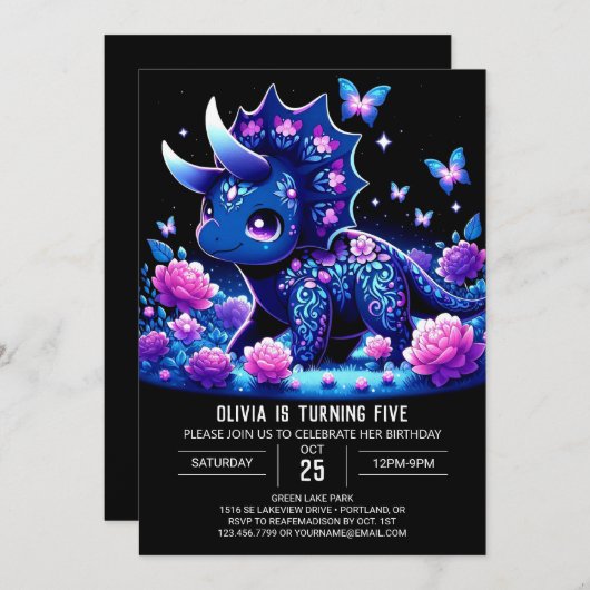 Boho Girl Dinosaur Digitale Verjaardag Kaart (Voorkant / Achterkant)