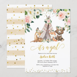 Boho Girl Floral Woodland Baby shower Kaart