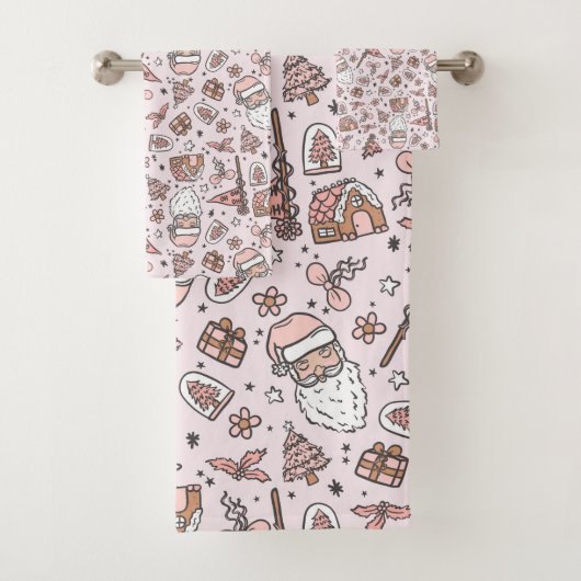 Boho Girly Pink Santa Christmas Doodles Bad Handdoek (Insitu)
