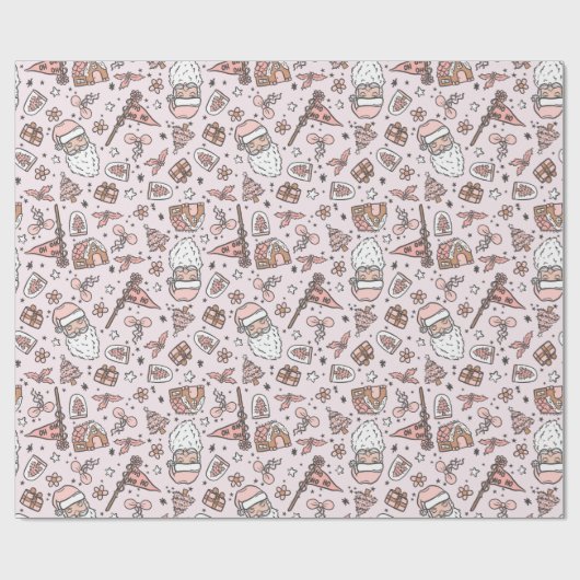 Boho Girly Pink Santa Christmas Doodles Cadeaupapier (Vlak)