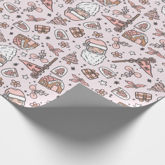 Boho Girly Pink Santa Christmas Doodles Cadeaupapier (Hoek)