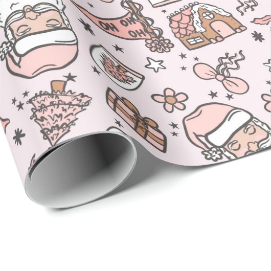 Boho Girly Pink Santa Christmas Doodles Cadeaupapier (Rol Hoek)