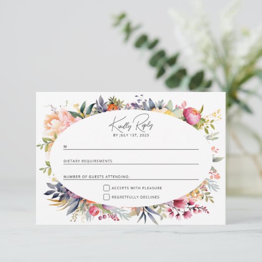 Boho glam bruiloft RSVP - watercolor pioenrozen (Staand voorkant)