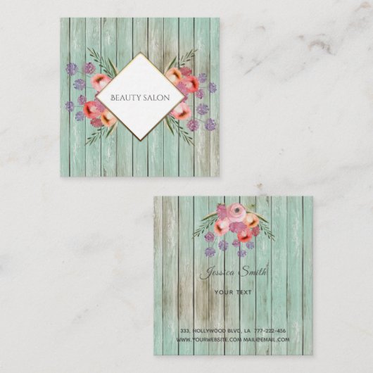 Boho Glam elegant chic waterverf floral wood Vierkante Visitekaartje (Voorkant / Achterkant)