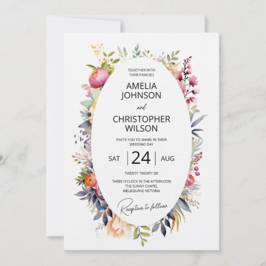 Boho glam huwelijksuitnodiging - waterverf pioenen kaart (Voorkant)