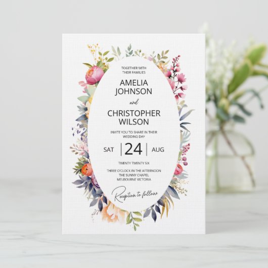 Boho glam huwelijksuitnodiging - waterverf pioenen kaart (Staand voorkant)