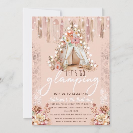 Boho Glamping Party Pink Elegant Kaart (Voorkant)