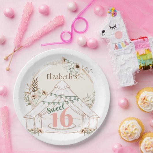 Boho Glamping Sweet 16 Verjaardagsfeestje Papier B Papieren Bordje (Feest)