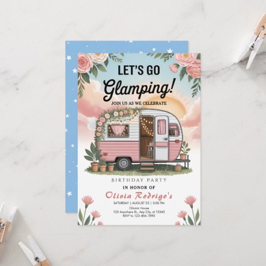 Boho Glamping Verjaardagsfeestje Kaart (Voorkant / Achterkant in situ)