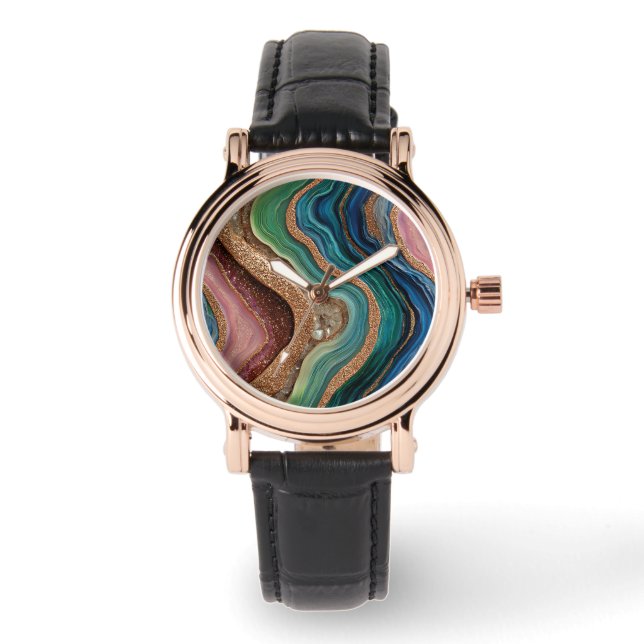 Boho Glitter Agate Horloge (Voorkant)