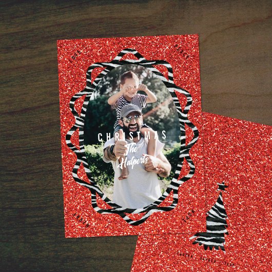 Boho Glitter & Zebra Print Ovaal Foto Kerstmis Feestdagenkaart
