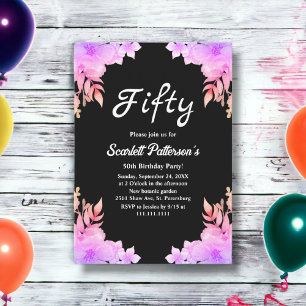 Boho Glow Neon Kleuren Zwart Bloemen 50ste Verjaar Kaart