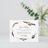 Boho Gold Black Feathery verlaat bruidsmeisje verz Briefkaart (Staand voorkant)