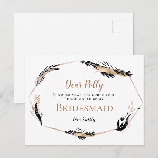 Boho Gold Black Feathery verlaat bruidsmeisje verz Briefkaart (Voorkant / Achterkant)