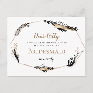 Boho Gold Black Feathery verlaat bruidsmeisje verz Briefkaart