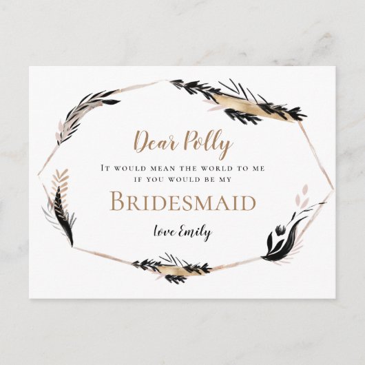 Boho Gold Black Feathery verlaat bruidsmeisje verz Briefkaart (Voorkant)