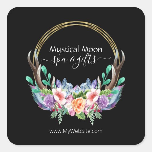 Boho Gold Crystal Cluster Flowers Feather Business Vierkante Sticker (Voorkant)