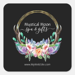 Boho Gold Crystal Cluster Flowers Feather Business Vierkante Sticker