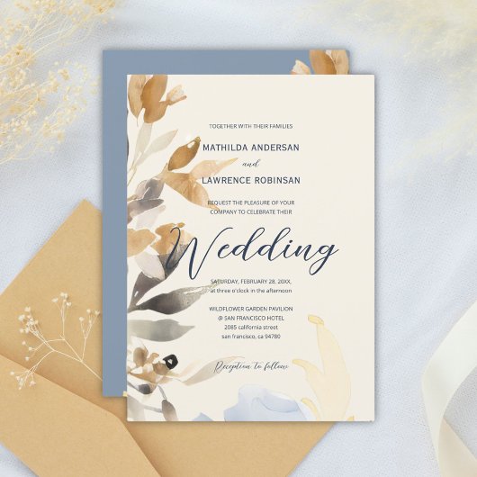 Boho Gold Dusty Blue Winter Floral Wedding Kaart