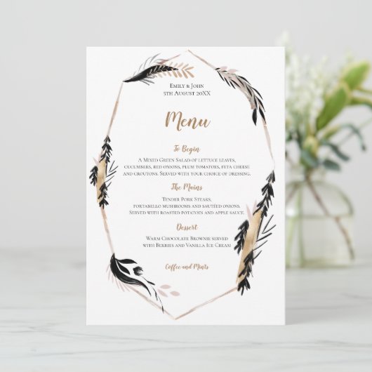 Boho Gold en Black Feather verlaat Lijst bruiloft Menu (Staand voorkant)