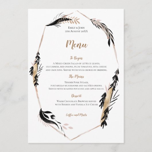 Boho Gold en Black Feather verlaat Lijst bruiloft Menu (Voorkant)