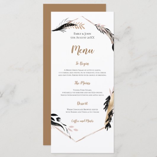 Boho Gold en Black Feather verlaat Lijst bruiloft Menu (Voorkant / Achterkant)