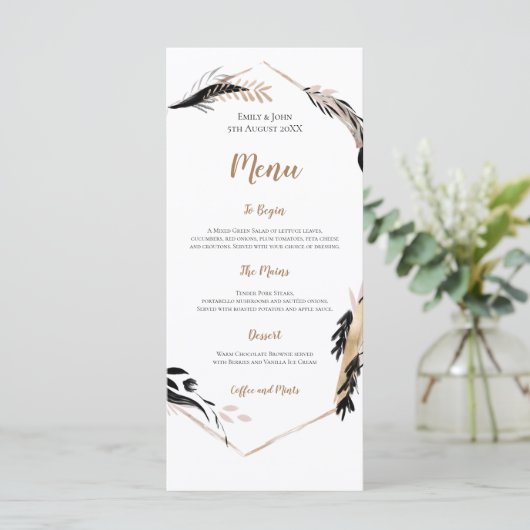 Boho Gold en Black Feather verlaat Lijst bruiloft Menu (Staand voorkant)