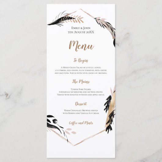 Boho Gold en Black Feather verlaat Lijst bruiloft Menu (Voorkant)