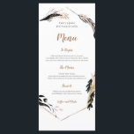 Boho Gold en Black Feather verlaat Lijst bruiloft Menu<br><div class="desc">Een elegant boho-ontwerp van gouden en zwarte veerachtige bladeren die een geometrisch lijst versieren en grenzen aan de typografie. Tekst is gemakkelijk te personaliseren en de achtergrond- en tekstkleuren kunnen worden gewijzigd als u dat wenst. De achtergrondkleur op de achterzijde kan indien nodig worden gewijzigd via de link voor verdere...</div>