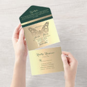 Boho Gold en Emerald Green bruiloft All In One Uitnodiging (Afscheurbaar)