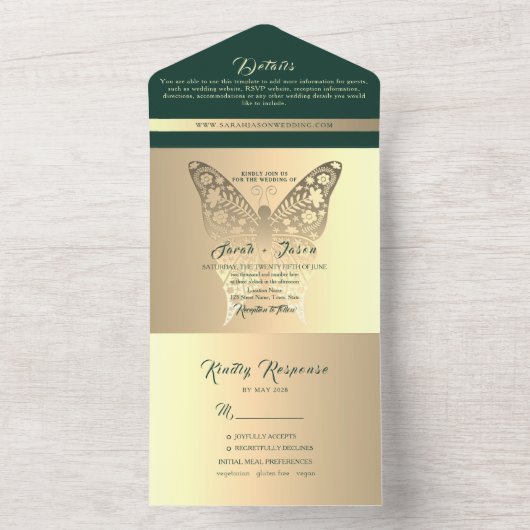 Boho Gold en Emerald Green bruiloft All In One Uitnodiging (Binnen)
