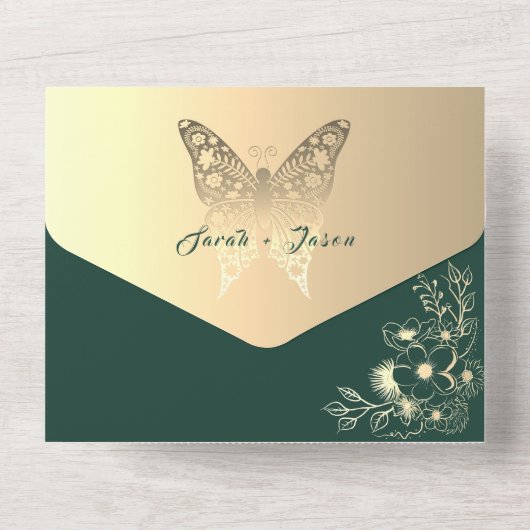 Boho Gold en Emerald Green bruiloft All In One Uitnodiging (Achterkant)