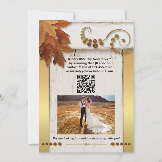 Boho Gold Fall Leaves Happily Ever After Kaart (Achterkant)